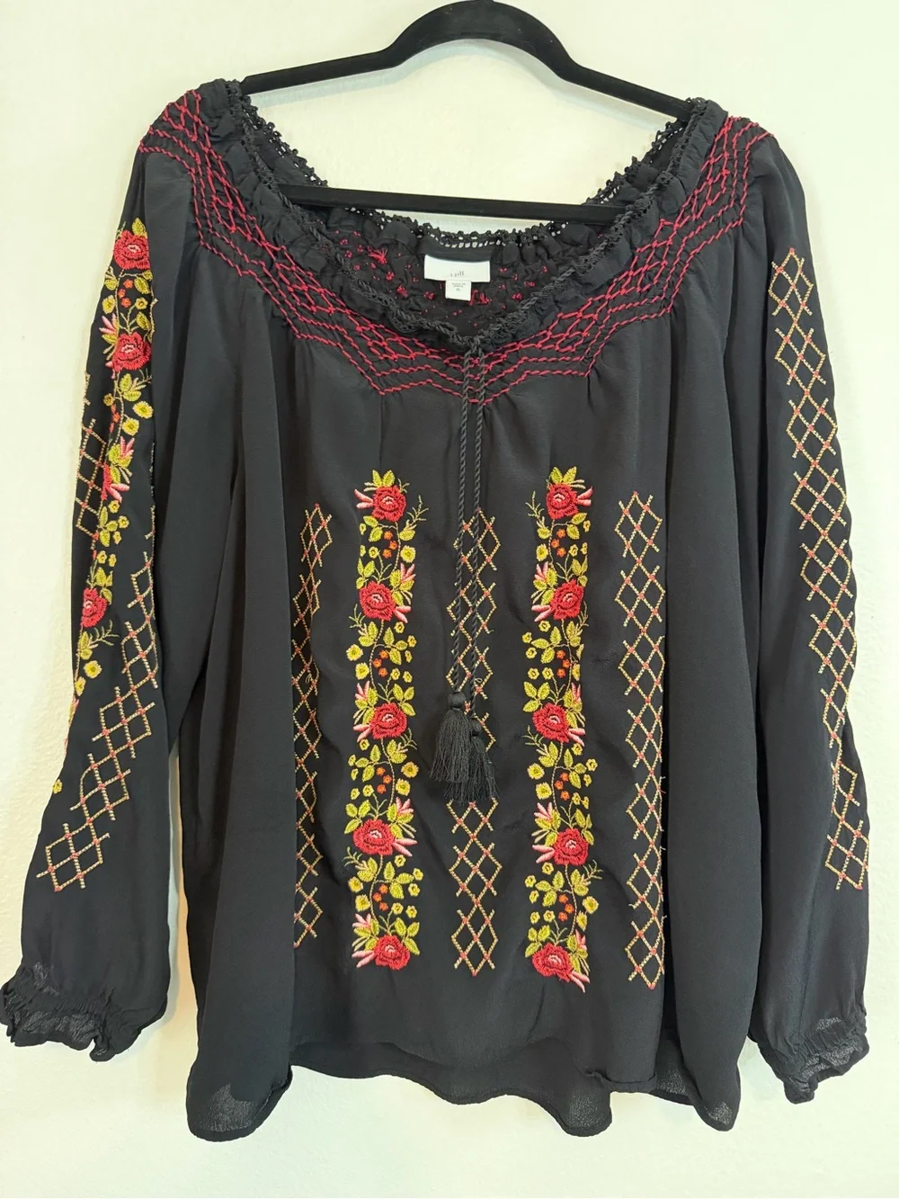 J.Jill Blouse Black Embroidered Peasant Top Size XLarge Bohemian Romantic - Picture 1 of 10